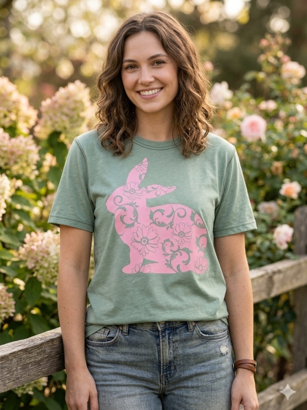 Bella Canvas Sage Green Tee with Pink Floral Bunny Graphic